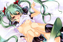 bkks_(pixiv) blush breasts hatsune_miku kneehighs nipples pussy_juice school_uniform serafuku shirt_lift skirt socks spring_onion tied_hair twintails vocaloid