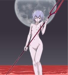 blue_hair breasts color female female_only fever-san flat_chest hair human lance_of_longinus lcl moon neon_genesis_evangelion nude pale-skinned_female pale_skin pixel pussy red_eyes rei_ayanami short_hair small_breasts solo straight_hair uncensored weapon