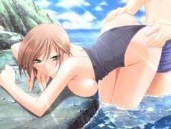 1boy 1boy1girl 1girls ass ass_grab beach bent_over blush blushing breasts brown_hair cloud clouds doggy_style female from_behind game_cg green_eyes komorebi_no_namikimichi large_breasts leaning looking_back male ocean one-piece one-piece_swimsuit penetration rock rocks sea sex short_hair shorts smile straight swimsuit swimsuit_aside swimsuit_pull thighs top-down_bottom-up vaginal_penetration water yukizakura_ibuki yuuki_mitsuru