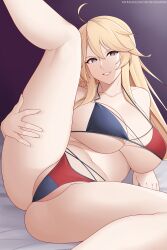 1girls ahoge aslindsamure ass big_breasts bikini bikini_bottom bikini_top blonde_hair blue_eyes breasts heart-shaped_pupils iowa_(kantai_collection) kantai_collection leg_up long_hair looking_at_viewer navel on_bed pale-skinned_female pale_skin pose posing smile solo solo_female solo_focus spread_legs thick_thighs