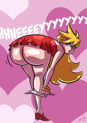 1girls angel ass axel-rosered bent_over big_ass blonde_hair blue_eyes bubble_butt dat_ass high_heels highres long_hair looking_back open_mouth panties panties_down panty_&_stocking_with_garterbelt panty_anarchy panty_pull pink_background red_dress solo