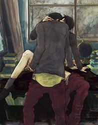 2boys desk doumeki_shizuka leg_lift multiple_boys pants_around_one_leg watanuki_kimihiro window xxxholic yaoi