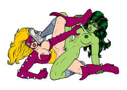 2girls angry big_breasts blonde_hair boots breasts calibos catfight female female_only green-skinned_female green_hair green_skin high_heel_boots hulk_(series) jennifer_walters knee_boots light-skinned_female marvel marvel_comics multiple_girls naked naked_female nipples nude nude_female sexfight she-hulk shoes socks stuck stuck_genitals stuck_together titania_(marvel) tribadism white_background yuri