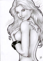 1girls fabio female female_only hand_bra jean_grey marvel monochrome phoenix_(x-men) solo straight_hair tattoo topless x-men