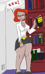 ! an_extremely_goofy_movie anthro artist_request belt book bracelet breasts canine cleavage clothed color disney dog english_text eyelashes eyewear female female_only fur furry glasses goof_troop green_eyes large_breasts librarian library mammal nervous pussy_juice red_hair short_hair skirt_pull solo sylvia_marpole text thick_thighs tight_clothes