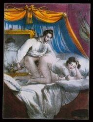 achille_deveria anal_insertion antique bed brown_hair candle_insertion fine_art mirror straight_hair