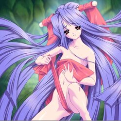 1girls blue_hair clothing crotch_ribbon demon flat_chest hanbok long_hair lowres naked_ribbon ragnarok_online red_eyes ribbon ribbons sohee very_long_hair