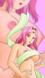 1girls 3_eyes breasts female hair hall large_breasts magical_drop multi_eye naked_ribbon nipples nude open_mouth pink_eyes pink_hair ribbon short_hair smile solo surprised wardrobe_malfunction world_(magical_drop) zoom_layer