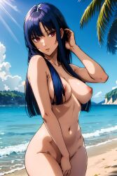 ai_generated beach blue_hair completely_nude covering_crotch dark_blue_hair female female_only gintama hime_cut hourglass_figure imai_nobume long_hair medium_breasts nude outside red_eyes solo stable_diffusion wide_hips