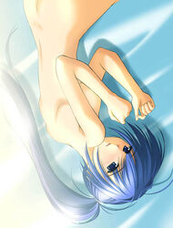 blue_hair covering covering_breasts hayase_mitsuki kimi_ga_nozomu_eien long_hair lying mitsuki_hayase nude on_side ponytail solo takepon tied_hair upside-down