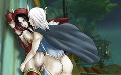 areolae ass ass_grab big_ass black_hair blood_elf breasts cape duo female female_only hairless_pussy hand_on_head highres hood human humanoid idolmonkeh interspecies large_breasts long_hair navel nipples outdoors pointy_ears pussy short_hair white_hair world_of_warcraft yuri