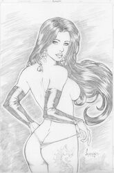 1girls ass back breasts dc ed_benes_studio from_behind gloves large_breasts leandro_oliveira long_hair monochrome nipples panties panty_pull priscilla_kitaen sketch solo tagme topless undressing voodoo_(wildstorm) wildc.a.t.s. wildstorm