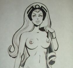 1girls breasts female female_only john_byrne marvel marvel_comics monochrome ororo_munroe solo storm_(x-men) straight_hair tagme tiara topless x-men