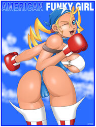 1girls ass big_ass blonde_hair blue_eyes boxing_gloves breast capcom clothing earrings female female_only gloves huge_ass large_ass light-skinned_female light_skin lips lipstick looking_at_viewer looking_back medium_breasts one_eye_closed open_mouth pussy red_boxing_gloves red_gloves rival_schools sideboob solo star_earrings stockings text thick thick_thighs thighhighs thighs tiffany_lords wide_hips xpod