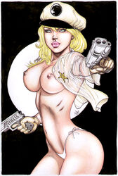 1girls 2008 big_breasts birds_of_prey blackhawks blonde_hair breasts dc dc_comics fabio female female_only gun lady_blackhawk large_breasts nipples solo weapon zinda_blake