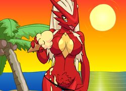 anthro blaziken breasts color day female female_only front_view ice_cream outdoors pikanjo pokemon pokemon_(species) pokemon_snap_xxx solo tagme