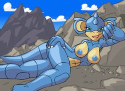 anthro blue_skin breasts claws color day female female_only lying nidoqueen nude on_side outdoors pikanjo pokemon pokemon_(species) pokemon_snap_xxx solo tagme