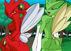 anthro back_view breasts color day female female_only multiple_females multiple_girls nude outdoors pikanjo pokémon_(species) pokemon pokemon_snap_xxx pose scizor scyther tagme