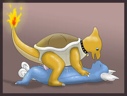 alternate_version ambiguous_gender charmeleon collar color feral_on_feral fire nintendo nude plain_background pokémon_(species) pokemon red_shell shell shiny_charmeleon shiny_pokemon side_view tail tail_fire wartortle