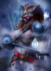 armor breasts chest_tuft dungeons_and_dragons female gnoll green_eyes hyena large_breasts looking_at_viewer missing_eye nipples pussy solo spots uncensored