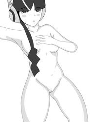 1girls alternate_hair_color breasts covering_nipples elesa_(pokemon) headphones human learnartwithhentai monochrome nintendo nude pokemon pokemon_bw2 pussy solo source_request thigh_gap twintails wide_hips