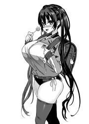 1girls asanagi backpack bag big_ass big_breasts black_and_white black_hair bloomers blush candy clothed clothed_female crime_prevention_buzzer curvy dark_hair ears fang gym_shorts hair hair_ornament holding_object huge_breasts jacket long_hair looking_at_viewer monochrome mouth_open naughty_face oerba_yun_fang randoseru shiny_hair short_shorts shorts shortstack side-tie_panties side_tie_panties smile smiling smirk smug straining tease teasing thick_thighs thighhighs twintails walking