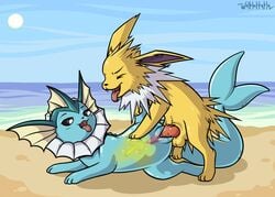 1boy 1girls beach big_ears blue_background blue_body blue_fur blush bodily_fluids canine closed_eyes cute_fangs duo eeveelution feet female feral fins flat_chest fur furry genital_fluids interspecies jolteon knot long_ears looking_at_penis looking_pleasured lying male mammal nintendo no_nipples on_side open_mouth outdoors paws peeing peeing_inside penis pokémon_(species) pokemon pokemon_rgby public pussy sand seaside sex spiky_fur sun teeth text urine urine_in_pussy vaporeon video_games water watermark watersports x-ray yellow_body yellow_fur