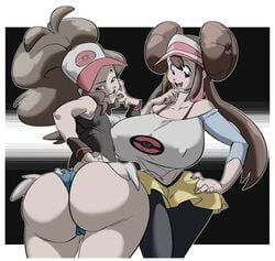 2girls aged_up alternate_breast_size ass ass_vs_breasts big_ass big_breasts big_butt black_leggings blue_eyes bottom_heavy breast_size_difference breasts brown_hair bubble_butt butt_size_difference cameltoe clothed clothes double_bun erect_nipples erect_nipples_under_clothes eye_contact fat_ass female female_only grin half-closed_eyes hat hilda_(pokemon) huge_ass huge_breasts huge_thighs human large_ass large_breasts leggings long_hair looking_at_viewer looking_back nintendo pale-skinned_female pale_skin pokemon pokemon_bw pokemon_bw2 ponytail rosa_(pokemon) shorts slb small_breasts smile teeth thick_ass thick_thighs thighs tight_clothing top_heavy twintail twintails voluptuous wide_hips