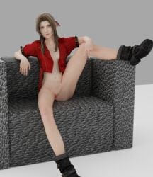 3d aerith_gainsborough boots bottomless brown_hair female final_fantasy final_fantasy_vii green_eyes long_hair looking_at_viewer pussy shoes sitting solo talsensfm