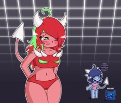 2020 2girls belly blue_eyes blue_hair blue_skin blush bra clubette demon demoness_(geometry_dash) female geometry_dash green_eyes horns looking_down makifei multicolored_hair multiple_girls omorashi one_eye_closed panties peeing red_hair red_skin shirt simple_background spikes tail urine watersports wet_panties wetting