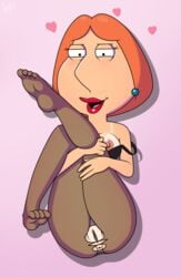 1girls accurate_art_style anus badbrains bra bra_aside breast ear_piercing family_guy female legs_up lois_griffin looking_at_viewer nipple open_mouth orange_hair pantyhose pussy red_lipstick ripped_clothing short_hair smiling solo tagme tanline torn_pantyhose