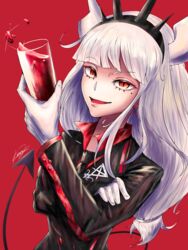 absurdres breasts demon_girl demon_horns demon_tail female formal helltaker highres horns kuroij long_sleeves looking_at_viewer lucifer_(helltaker) mole mole_under_eye red_background red_eyes red_shirt shirt silver_hair solo suit tail upper_body water