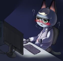 animal_crossing anthro ateni blonde_hair blush bodily_fluids chair clothed clothing computer computer_mouse domestic_cat eyewear felid feline felis fur furniture genitals glasses grey_body grey_fur hair heterochromia hi_res male male_only mammal masturbation monitor nintendo penis raymond_(animal_crossing) sitting solo sweat video_games