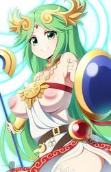 1girls bare_shoulders belt big_breasts breasts casual_exposure dress erect_nipples eyebrows_visible_through_hair female female_only goddess green_eyes green_hair halo highres huge_breasts human human_only iryanic kid_icarus large_breasts light_skin long_hair looking_at_viewer nintendo nipples nipples_visible_through_clothing pale-skinned_female pale_skin palutena partially_clothed see-through_clothing shield solo staff stockings teeth thick thick_thighs thighhighs thighs tiara very_long_hair wide_hips