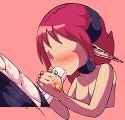 animated blush cali_(crimson_keep) color crimson_keep eyeless fellatio introspurt licking pointy_ears red_hair simple_background soriel_(crimson_keep) tagme veiny_penis