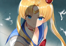 1girls bangs bishoujo_senshi_sailor_moon blonde_hair blue_eyes blue_sailor_collar bow breasts choker circlet cleavage collarbone crescent crescent_earrings cum cum_on_floor cyicheng earrings eyebrows_visible_through_hair female hair_over_shoulder heart heart_choker jewelry long_hair penis_shadow red_choker sailor_collar sailor_moon sailor_moon_redraw_challenge sailor_senshi_uniform sexually_suggestive shadow signature solo tsukino_usagi twintails upper_body