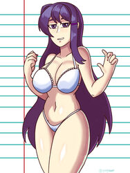 1girls alternate_version_available bra doki_doki_literature_club female female_only georgezero hair_clips hairclip lingerie long_hair looking_at_viewer notebook_paper panties purple_eyes purple_hair solo solo_female yuri_(doki_doki_literature_club)