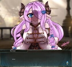 ... absurd_res accessory big_breasts blue_eyes bodily_fluids braided_hair breasts cleavage clothed clothing duo english_text fangs female genitals gloves granblue_fantasy hair hair_accessory hairclip handwear hi_res horn humanoid imminent_sex leather leather_gloves long_hair male narmaya_(granblue_fantasy) nervous nervous_smile nightlycatgirl penis penis_awe penis_shadow pink_hair smile solo straight sweat text