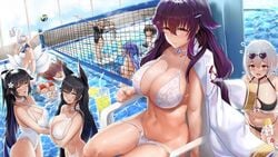 10girls 6+girls akagi_(azur_lane) animal_ears animal_tail atago_(azur_lane) atago_(summer_march)_(azur_lane) azuma_(azur_lane) azur_lane baltimore_(azur_lane) big_breasts bikini black_hair blue_hair breasts cleavage collar dog_ears eagle_union_(azur_lane) essex_(azur_lane) fox_ears fox_tail grey_hair huge_breasts intrepid_(azur_lane) kaga_(azur_lane) kitsune large_breasts lemon lemonade light-skinned_female light_skin long_hair looking_at_viewer multiple_boys multiple_females multiple_girls multiple_tails one-piece_swimsuit piukute062 ponytail purple_hair red_eyes royal_navy_(azur_lane) sakura_empire_(azur_lane) short_hair sirius_(azur_lane) sirius_(scorching-hot_seirios)_(azur_lane) sunglasses sunglasses_on_head sunscreen swimming_pool swimsuit takao_(azur_lane) takao_(beach_rhapsody)_(azur_lane) thick_thighs volleyball water yellow_eyes