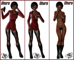 2015 abs areolae artist_logo big_breasts black_hair boots breasts breasts_out clitoris clitoris_piercing combadge dark-skinned_female dark_skin erect_nipples eyeliner eyeshadow female garter_belt gun idelacio lipstick long_fingernails looking_at_viewer makeup mascara nail_polish navel navel_piercing nichelle_nichols nipple_piercing nipples nude nyota_uhura phaser piercing pinup pose posing pubic_hair pussy red_shirt seductive seductive_look seductive_smile skimpy skimpy_clothes skimpy_dress solo standing star_trek star_trek_the_original_series starfleet_insignia starfleet_uniform stockings undressed undressing upskirt vulva