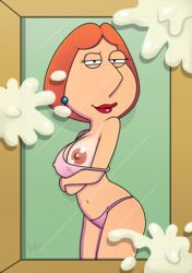 accurate_art_style badbrains bra bra_pull breasts cum cum_on_picture ear_piercing family_guy female half-dressed lois_griffin looking_away nipples nipples_visible_through_clothing orange_hair panties picture_frame pink_bra pink_panties red_lipstick short_hair smiling solo tagme