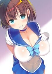 ai-chan_(tawawa) asahina_hikage big_breasts bishoujo_senshi_sailor_moon blue_eyes brown_hair clothing cosplay female female_only getsuyoubi_no_tawawa large_breasts nipples sailor_mercury_(cosplay) serafuku short_hair skirt solo solo_female solo_focus