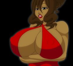 1girls animated big_breasts black_eyes bouncing_breasts breast_expansion breasts brown_hair dark-skinned_female dark_skin demonroyal dress female female_only huge_breasts jiggle kiki_(demonroyal) large_breasts lipstick original original_character red_dress red_lipstick solo solo_female video