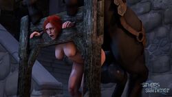 1animal 1girls 3d animated areolae bad_end bestiality bondage bouncing_breasts breasts cd_projekt_red completely_nude defeated doggy_style horse large_breasts mp4 nipples no_sound penis pillory punishment rape red_hair snippstheslammer stocks testicles the_witcher the_witcher_(series) the_witcher_2 the_witcher_3:_wild_hunt triss_merigold video zoophilia