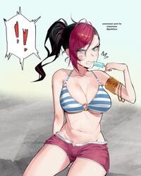 angry biting blue_eyes clothed fiora_laurent godekasu jewelry league_of_legends ponytail pool_party_fiora pool_party_series popsicle purple_hair sexually_suggestive spoken_exclamation_mark sweat swimming_trunks swimsuit two_tone_hair