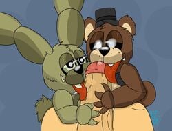 ambiguous_gender anthro bear big_penis bowtie crying_child drool drooling five_nights_at_freddy's five_nights_at_freddy's_4 freddles freddy_(fnaf) grabbing_penis human_on_anthro licking licking_penis looking_at_penis male_focus plushie plushtrap plushtrap_(fnaf) plushtrapboyuwu saliva saliva_on_penis saliva_string simple_background top_hat ursid vein veiny_penis