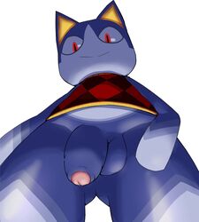 animal_crossing anthro ateni balls bottomless clothed clothing domestic_cat felid feline felis genitals hi_res looking_at_viewer male male_only mammal nintendo penis rover_(animal_crossing) solo uncut video_games