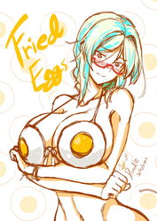 1girls 2020 artist_name bikini blue_hair blush bracelet breast_hold cigar_cat cleavage crossed_arms dated english_text eyebrows_visible_through_hair female female_only fried_egg front-tie_bikini glasses highres huge_breasts long_hair looking_at_viewer midriff navel original purple_eyes semi-rimless_glasses signature solo text