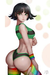 1girls aged_up arched_back ass ass_focus black_hair bob_cut buttercup_(powerpuff_girls) cartoon_network crop_top embarrassed freckles fusionfall green_clothing green_eyes large_ass looking_at_viewer pout powerpuff_girls rainbow_clothing rainbow_thigh_highs rainbow_thighhighs randy_(awesomevillage) randystarfru1t shiny_skin short_hair solo tan_skin thighhighs thong torn_clothes torn_thighhighs underwear wristband