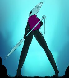 anthro black_body eggnog_(artist) hollow_knight hollow_knight:_silksong hornet_(hollow_knight) mask menacing needle nude red_clothing scenery silksong string tagme upskirt